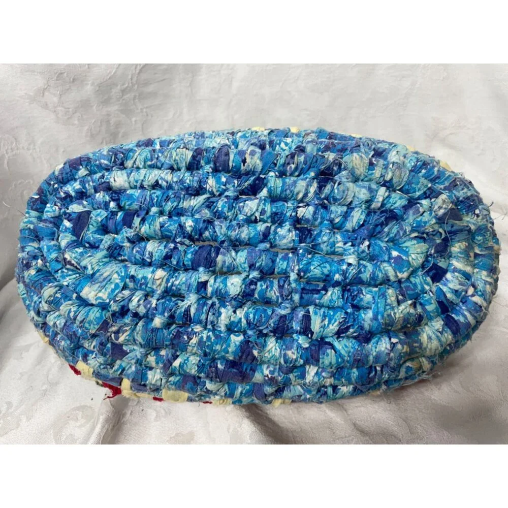 Coiled Rag Basket with Handle Vintage Rustic  12”x12” Handmade Cloth